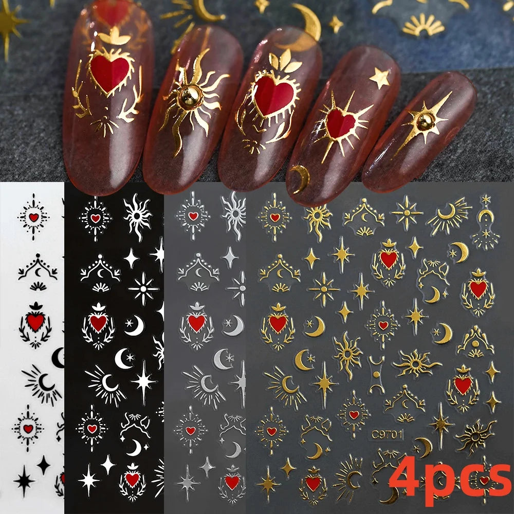 8Pcs Red Heart Nail Stickers 3D Bronzing Silver Gold Heart Shape Star & Moon Metal Totem Nail Slider Self-Adhesive DIY Nail Art*