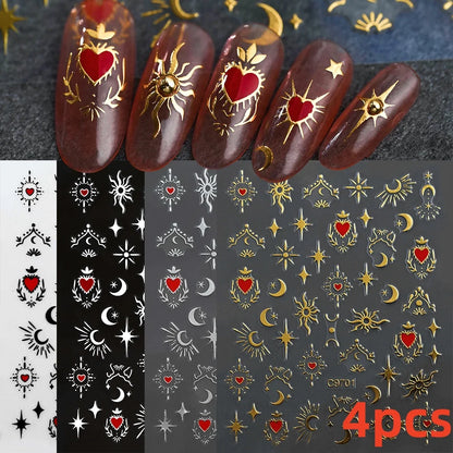8Pcs Red Heart Nail Stickers 3D Bronzing Silver Gold Heart Shape Star & Moon Metal Totem Nail Slider Self-Adhesive DIY Nail Art*