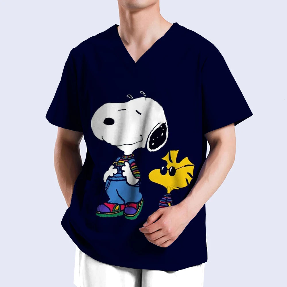 Snoopy print Medical Clothes Men Nursing Uniforms Scrubs Tops Nurse Suits Lab Workwear Dentistry Doctor Costume Plus Size Surgic