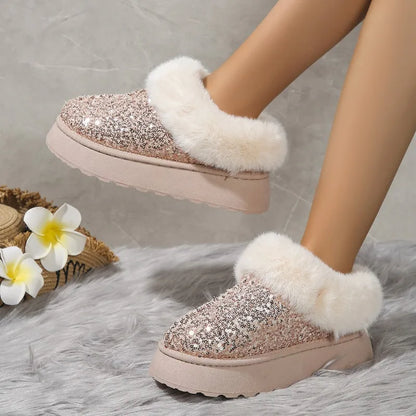 2024 New Faux Fur Winter Boots Women Fashion Sequined Cloth Warm Snow Boots Woman Non-Slip Thicken Plush Ankle Booties Plus Size