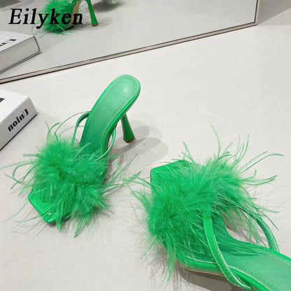 Eilyken Summer Fashion Fluffy Furry Women Slippers Female Gladiator Sandals Party Banquet Mules High Heels Slides Shoes