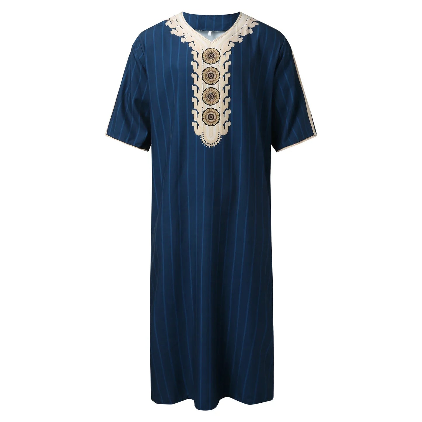 Men Muslim Summer Fashion Loose Robe Islam Kaftan Men Clothing Dubai Luxury Muslim Abaya Muslim V-neck Short Sleeve Printing