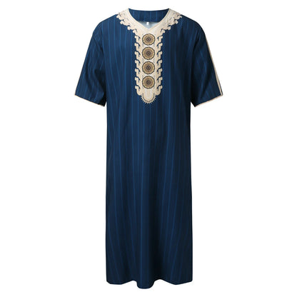 Men Muslim Summer Fashion Loose Robe Islam Kaftan Men Clothing Dubai Luxury Muslim Abaya Muslim V-neck Short Sleeve Printing