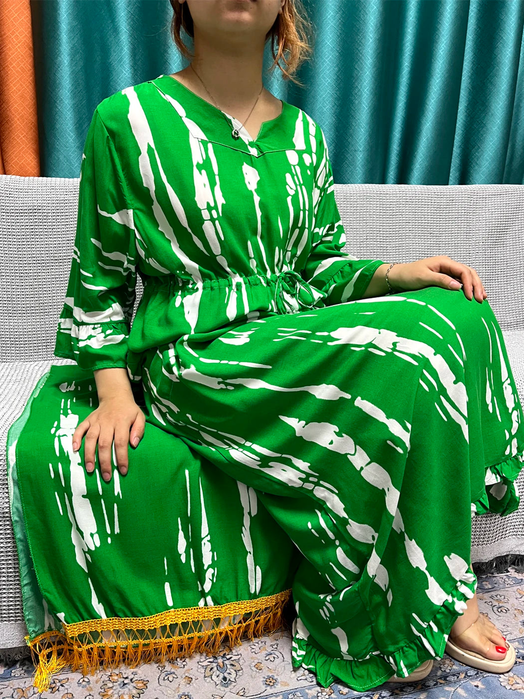 2024 Cotton Abayas For Women Islam Printed Long Sleeves Loose Fit Femme Robe Muslim Two Piece Abaya Set With Tassel Hijabscarf