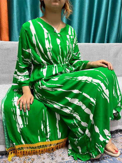 2024 Cotton Abayas For Women Islam Printed Long Sleeves Loose Fit Femme Robe Muslim Two Piece Abaya Set With Tassel Hijabscarf