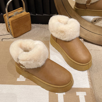 Pu Leather Waterproof Snow Boots for Women Winter Warm Plush Platform Ankle Boots Woman Thick Bottom Faux Fur Cotton Shoes