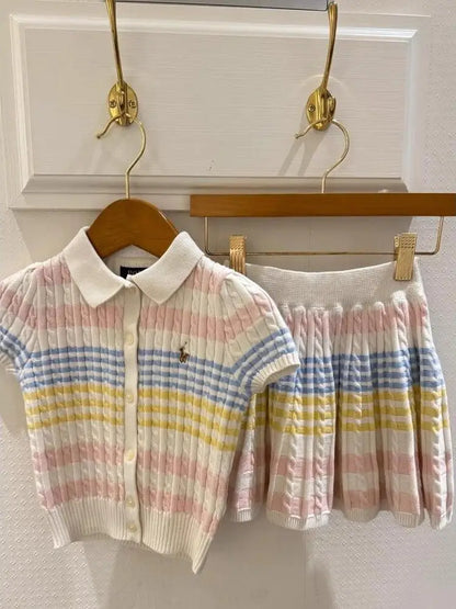 Spring Summer New Arrival Kids Knitted Ice Cr  ort Sve Cardigan Skirt Set Cotton Korean Sle Children's Clothing