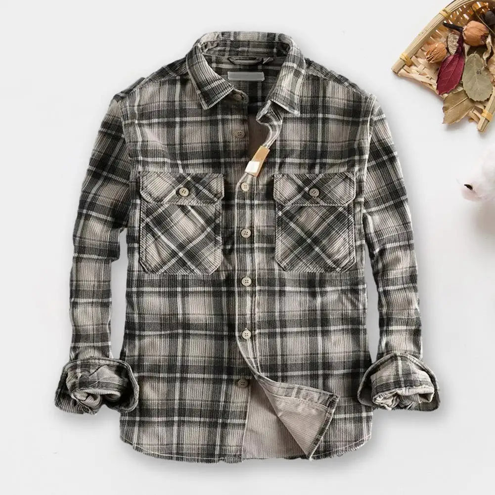 Single-breasted Shirt Plaid Print Men's Cardigan Coat Stylish Mid-length Formal Shirt with Turn-down Collar for Fall
