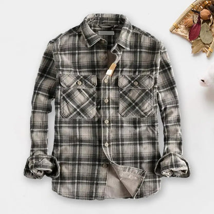 Single-breasted Shirt Plaid Print Men's Cardigan Coat Stylish Mid-length Formal Shirt with Turn-down Collar for Fall