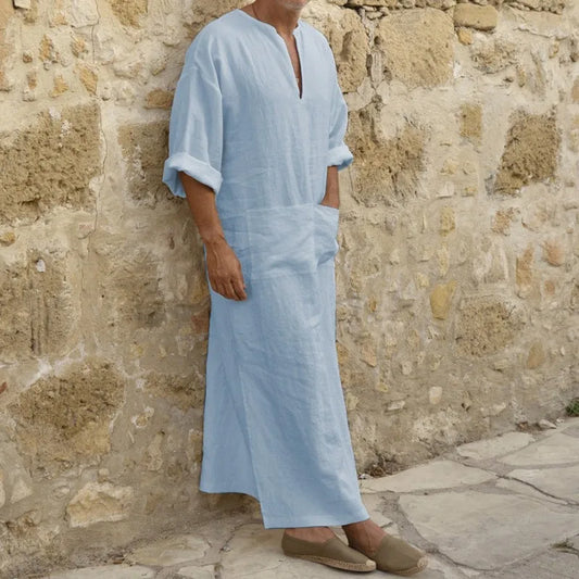 2023 New Men Jubba Thobe Kaftan Muslim Arab Islamic V-neck Short Sleeve Solid Cotton Linen Robes Muslim Fashion Arabia Man abaya
