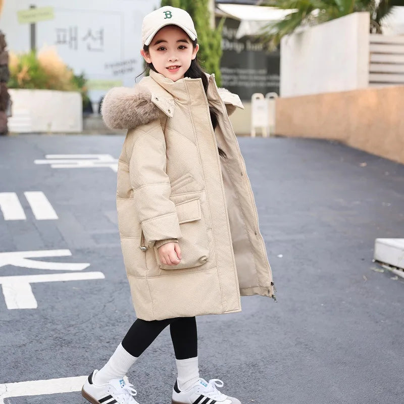 2025 Winter Down Jacket For Girl Hooded Waterproof White Duck Down Thick Warm Teenage Girl Outwear Coat 5-14 Years Kids Parka