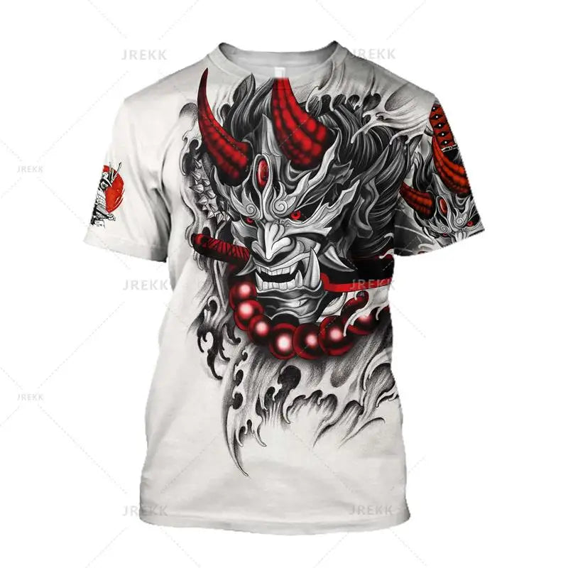 Japanese Harajuku Printed T Shirt For Men Fashion Samurai Mask Graphic T shirts Summer Leisure O-neck Pullover Oversized Topsy2k