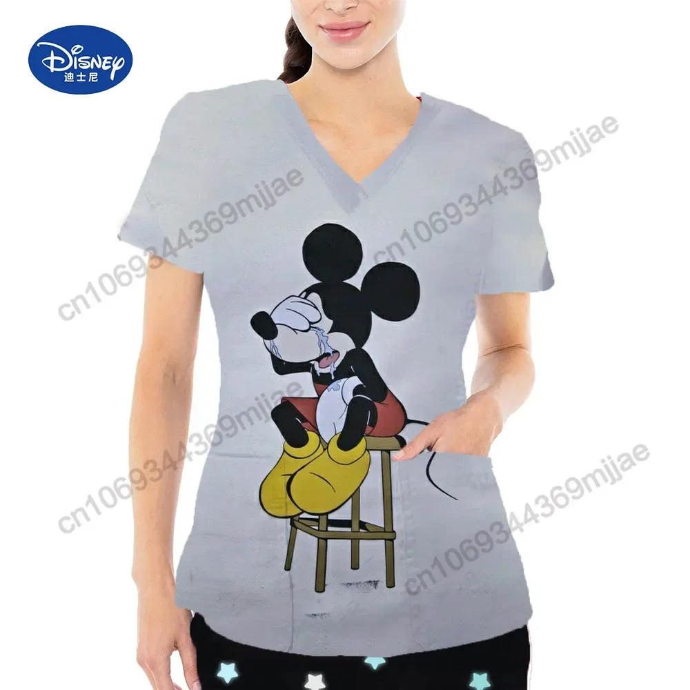 2024 Summer New Disney Cartoon Pattern Top Fashion V-neck Double Pocket Design Style T-shirt Casual Comfortable Women's Wear
