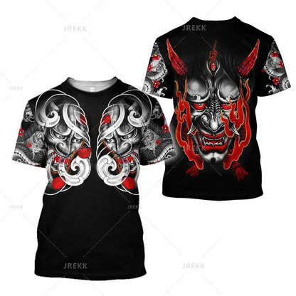 Japanese Harajuku Printed T Shirt For Men Fashion Samurai Mask Graphic T shirts Summer Leisure O-neck Pullover Oversized Topsy2k