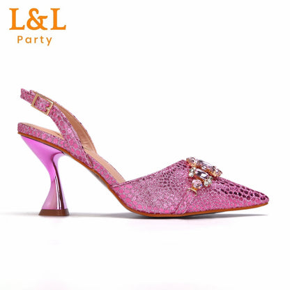 2024 Newest INS Pink Color Elegant High Heels Nigeria Popular Design African Ladies Shoes And Bag Set for Wedding Party