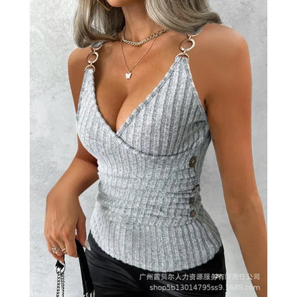 Summer New Women's Clothing Solid Color Camisole Retaining Ring Sunken Stripe Vest Top