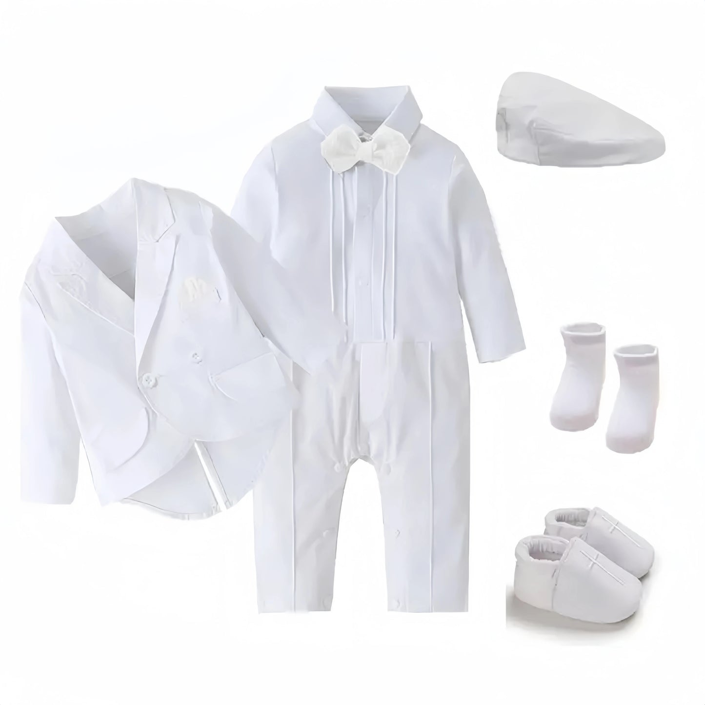 White Baby Baptism Formal Dress for Boys Romper with Coat Hat 6 PCS Infant Solid Birthday Wedding Suit Newborn Cotton Fall Set