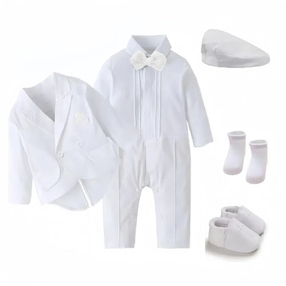 White Baby Baptism Formal Dress for Boys Romper with Coat Hat 6 PCS Infant Solid Birthday Wedding Suit Newborn Cotton Fall Set