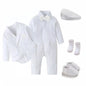 White Baby Baptism Formal Dress for Boys Romper with Coat Hat 6 PCS Infant Solid Birthday Wedding Suit Newborn Cotton Fall Set
