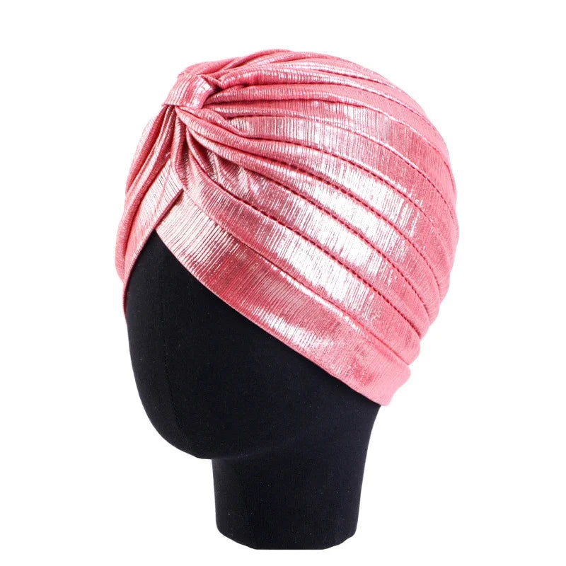 New Women Gold Silver Turban Hats Chemo Bandana Hijab Pleated Indian Cap Turbante Hat Ladies Hair Loss Headscarf Muslim Headwear