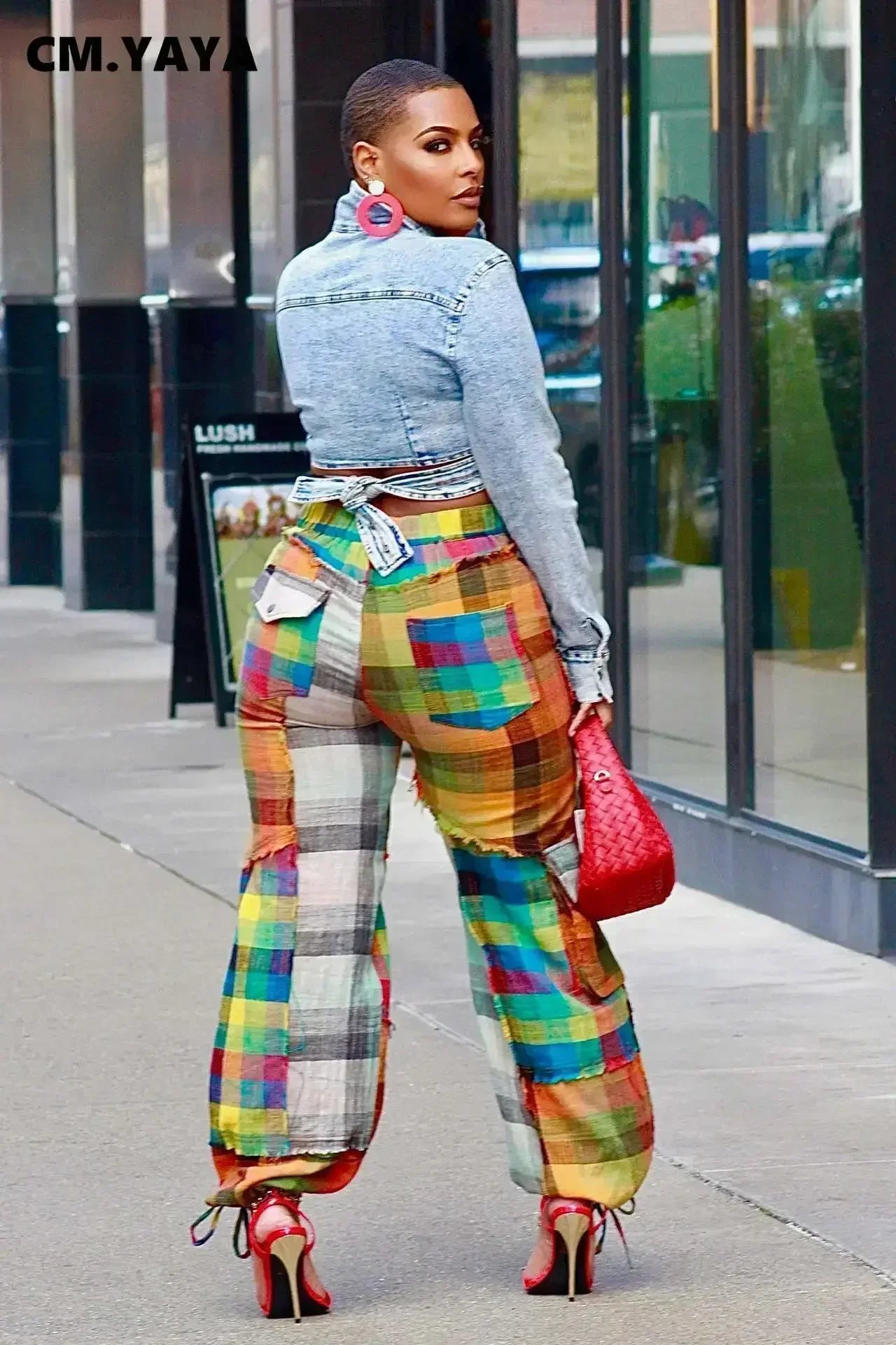 CM.YAYA Women 3D Plaid Printed Multi Pocket Drawstring Hem Straight Cargo Pants 2023 New Fashion Safari Style Trousers