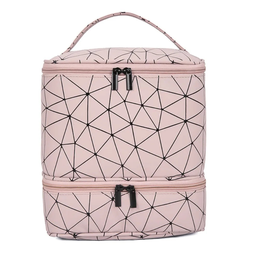 30 Grids PU Nylon Makeup Bag Double Layer Handbag Manicure Bag with Handle Professional Nail Case Travel Cosmetic Organizer Bag