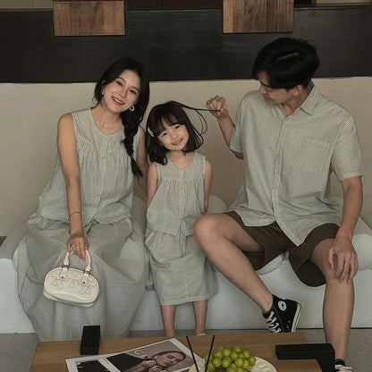 Korean Style 2025 Summer Mother Father Kids Matching Outfits Striped Print Two Pieces Suit Children's Clothing Set Family Look