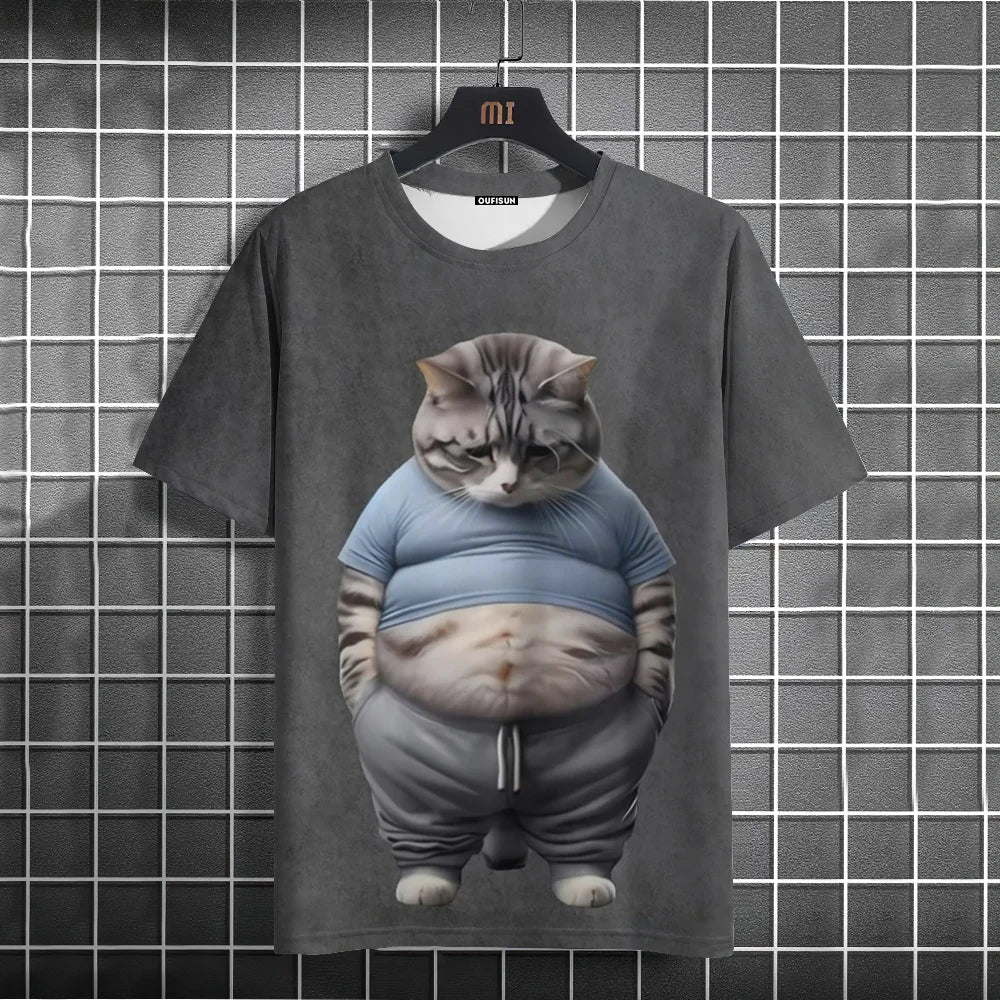Summer Men's T-Shirt Funny Cat Print Oversized Short Sleeve Man T-Shirt Round Neck Casual Men Women Tee Neutral Clothing 2024