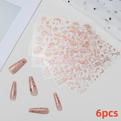 8Pcs Red Heart Nail Stickers 3D Bronzing Silver Gold Heart Shape Star & Moon Metal Totem Nail Slider Self-Adhesive DIY Nail Art*