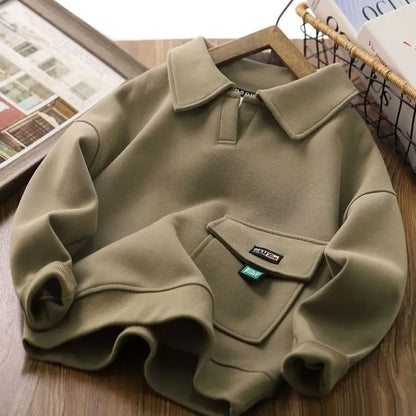 Spring Autumn Sweatshirt Boys Flip Neck Head Pullover Children's Casual Fashion Top 2024 New Teenagers Solid Color Clothes 4-14Y