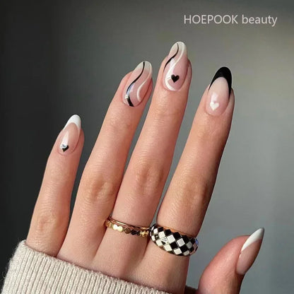 24pcs Black 3D Bow Almond Fake Nails Tips Pearl Love Sequin Design False Nails Art Removable Waterproof Artificial Press on Nail
