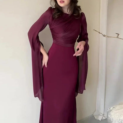 Fashion Satin Solid Robe Dress Women Elegant Batwing Sleeves High Waist Pleats Long Dress Stylish Glass Tulle Slim Evening Dress