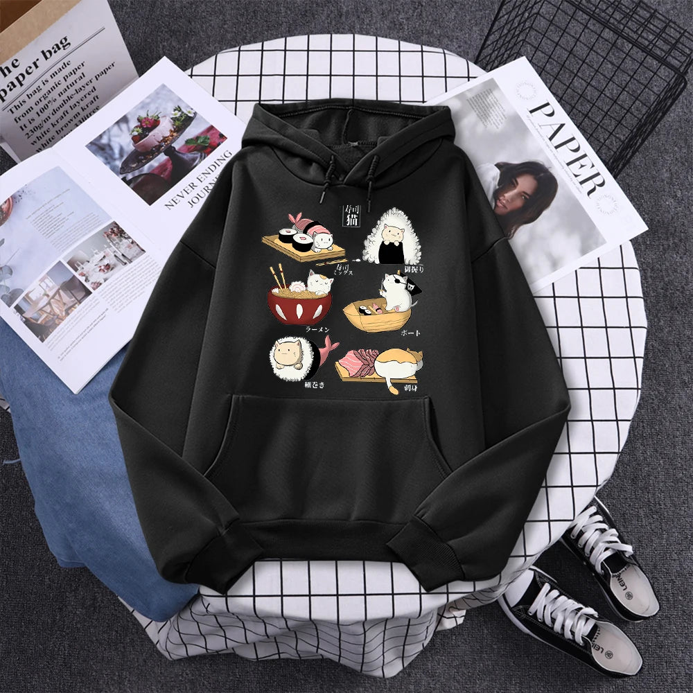 Sushi Cat's Day Harajuku Printed Hoody Womens Fashion Loose Clothing Autumn Fleece Sweatshirt Casual O-Neck Female Streetwear