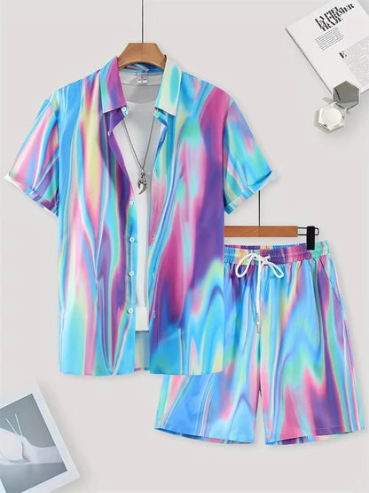 Summer Men's Short Sleeve Shirt And Beach Shorts Set Ethnic Print Outdoor Street Men's Fashion Shorts Men's Short Sleeve Shirt