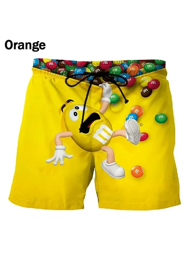 Funny M&M's Chocolate Bean Beach Shorts Men 3D Printing M&M Board Swimsuit Summer Quick Drying Sport