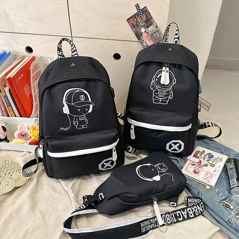 2pc Luminous Student Backpack Set Leisure Shoulder Bag Chest Bag Lightweight Large Capacity Schoolbag Travel Bag with USB Socket