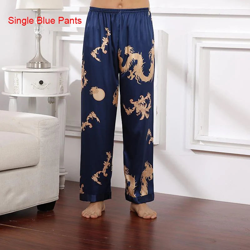 Male Satin Sleepwear Robe&Pants Dargon Pajamas Set Print Men Nightwear Kimono Bathrobe Gown Faux Silk Lounge Wear Home Clothes