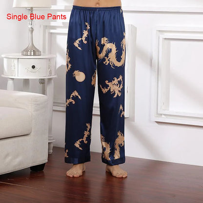 Male Satin Sleepwear Robe&Pants Dargon Pajamas Set Print Men Nightwear Kimono Bathrobe Gown Faux Silk Lounge Wear Home Clothes
