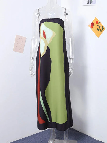 Fashion Loose Off Shoulder Contrast Color Dresses Summer Avocado Print Strapless Dress Women 2024 Sexy Ladies Holiday Streetwear