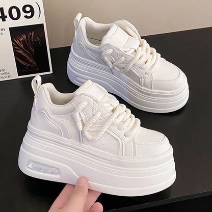 Fashion Platform Sneakers Women Spring Autumn Comfort Round Toe Lace-up 8CM Thick Bottom Black White Casual Sport Shoes