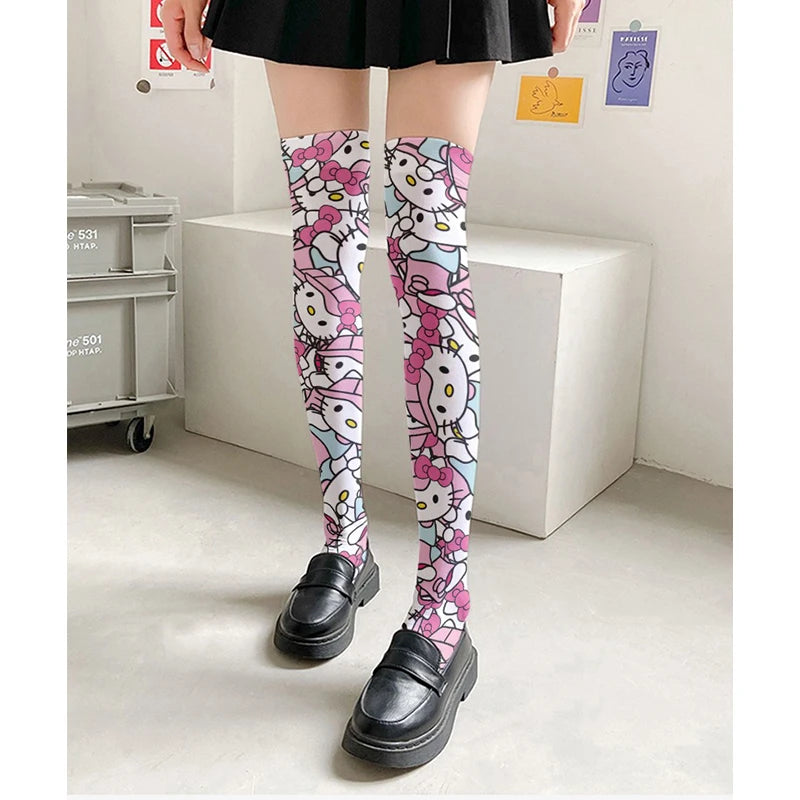 New Kawaii Hello Kitty My Melody Elasticity Ladies Knee Socks Anime Sanrios Girls Ultra-thin Spring Summer Lolita Long Stocking
