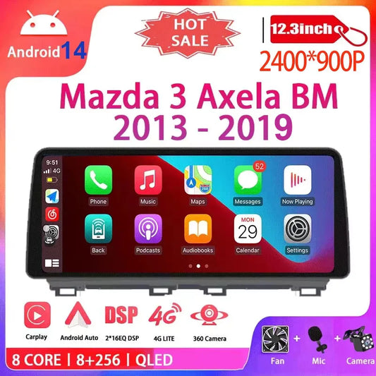 12.3  For Mazda 3 Mazda3 3 Axela BM 2013 - 2019 Android 14 QLED Screen GPS Car Radio Video Player Multimedia Navigation Carplay