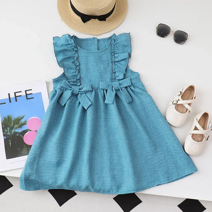 Bear Leader Summer Ruffled Edge Sleeveless Solid Color Girls Bow Princess Dresses Kids Clothing Baby Casual Wear 3-7 Years