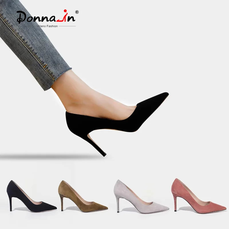 Donna-in Luxury Kid Suede Ladies Pumps Genuine Leather High Heels for Women Elegant Pointed Toe Stiletto Dress New Trendy Colors