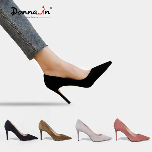 Donna-in Luxury Kid Suede Ladies Pumps Genuine Leather High Heels for Women Elegant Pointed Toe Stiletto Dress New Trendy Colors