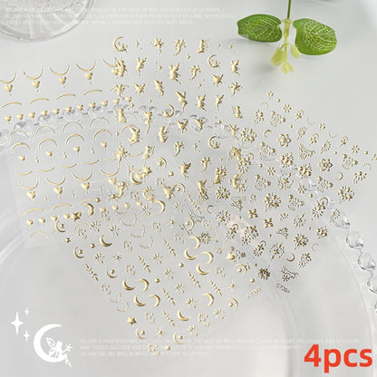 8Pcs Red Heart Nail Stickers 3D Bronzing Silver Gold Heart Shape Star & Moon Metal Totem Nail Slider Self-Adhesive DIY Nail Art*
