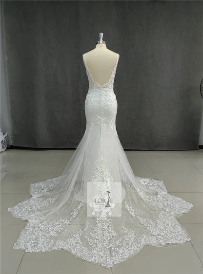 LORIE Lace Mermaid Wedding Dresses Spaghetti Strap Soft Tulle Bridal Gowns Sleeveless Vintage Country Wedding Gown Customized