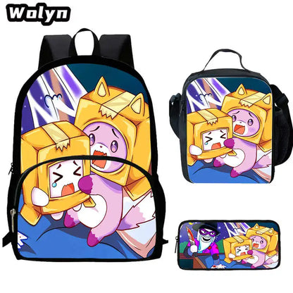 3Pcs Set LankyBox School Backpacks with Lunch Bag Pencil Case,Cartoon Large Capacity School Bags for Grade 1-4,Mochila for Pupil