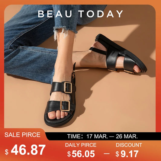 BeauToday Casual Sandals Women Genuine Leather Metal Ankle Buckle Strap Summer Beach Ladies Low Heel Sport Shoes Handmade 38128