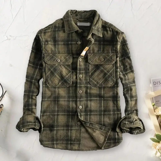 Single-breasted Shirt Plaid Print Men's Cardigan Coat Stylish Mid-length Formal Shirt with Turn-down Collar for Fall